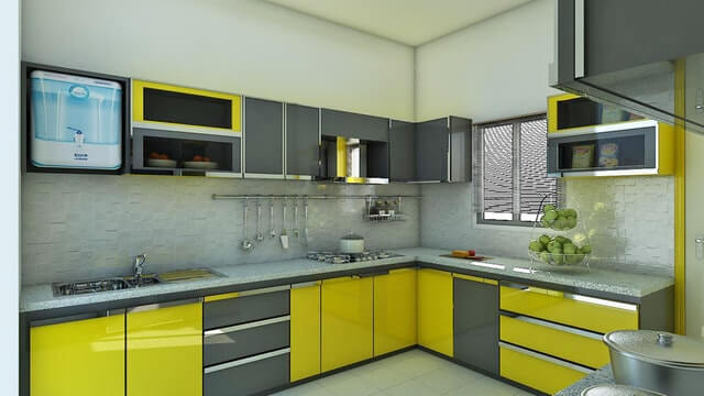 A modern luxury kitchen with a yellow design