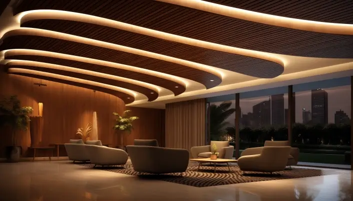 False ceiling lighting in fibre and wood