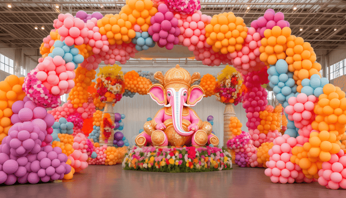 Ganpati mandap with flower and balloons decoration