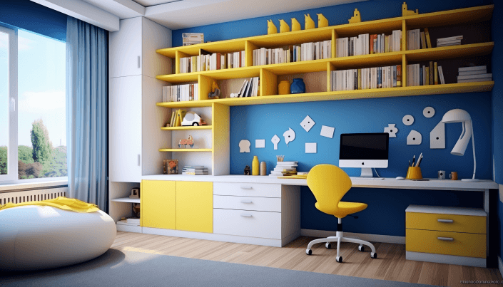 color combination of blue and yellow study room