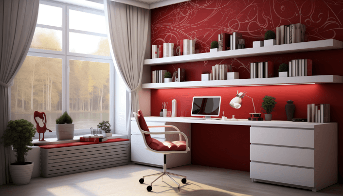 combination of red and white study room