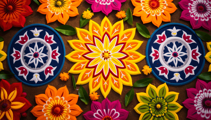 Rangoli patterns in vibrant hues, made with a variety of colours and fresh flowers