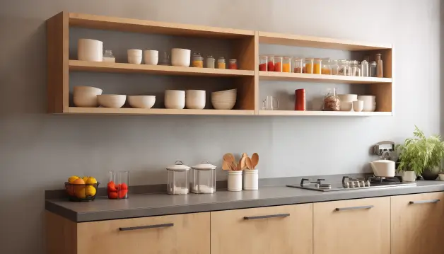 A Cement Almirah With Wooden Shelves In A Kitchen