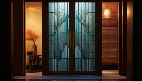 A Reeded Pooja Room Glass Door Design