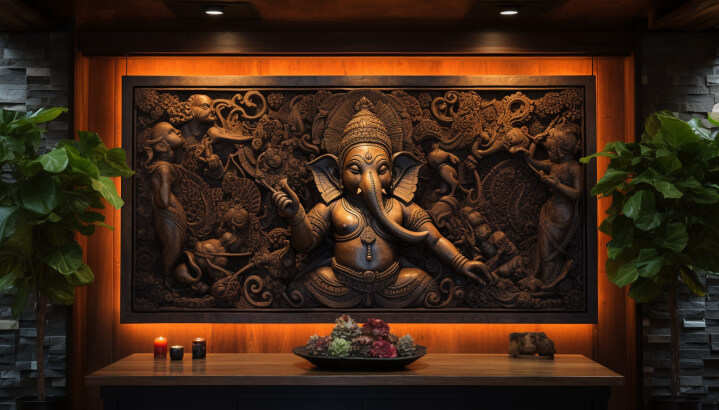 Ganesh design on the backlit panel of the main entryway