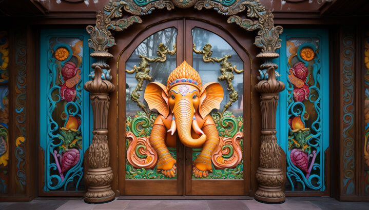 Glass and wood Ganesh-decorated main door