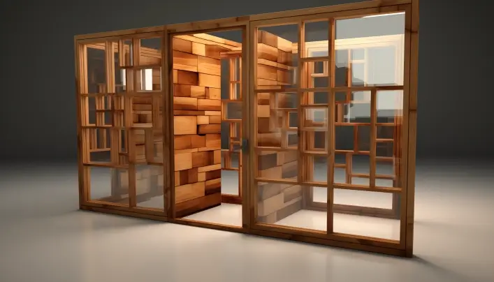 Glass door design with wooden block frame