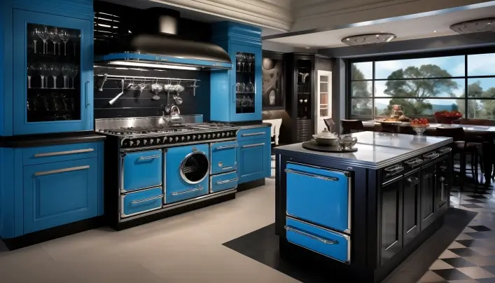 Kitchen appliances in blue with black and white cabinets