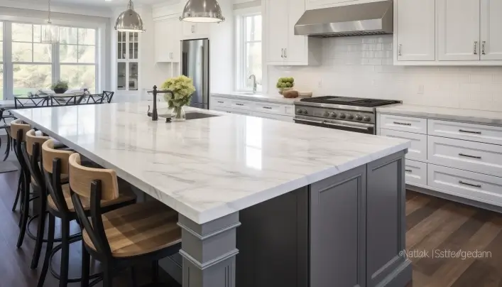 Marble countertops and White Shaker Cabinets with a Gray Island