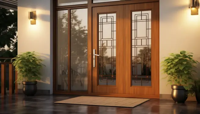 Scattering Glass And Wooden Main Door Design