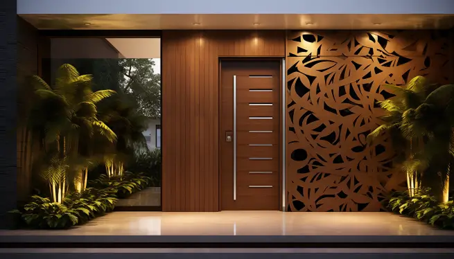  The modern wooden main entrance door was designed for Indian households.