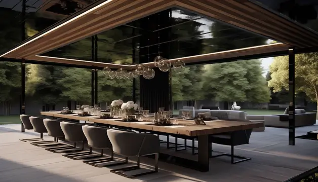 Dining Table Design With Wooden Ceiling In Black Glass
