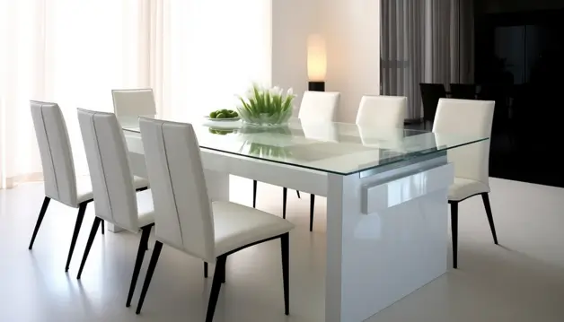 Frosted Glass Dining Table Design With Modern Chairs