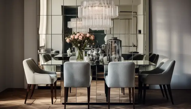 Glass Dining Table With A Square-Shaped Mirrored Wall