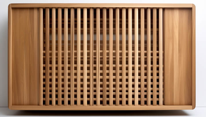 Slatted wood paneled peek-a-boo cupboard. 