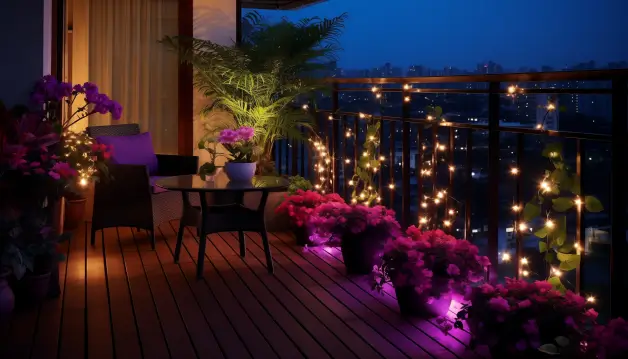 Vibrant Balcony Garden with Jazzy Lights