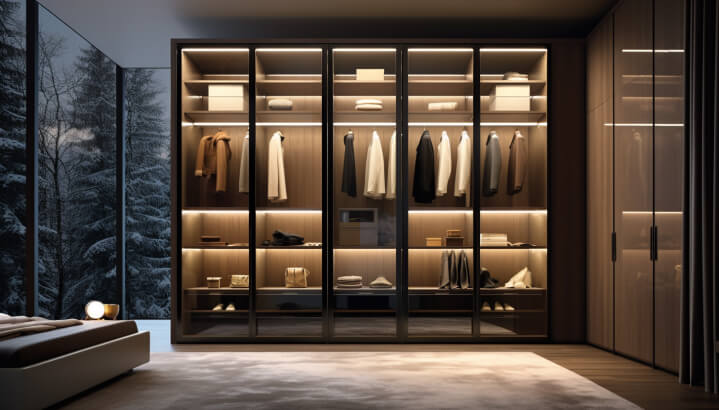 Walk-in wardrobe with glass panels